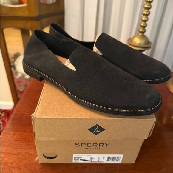 Sperry Shoes - Sperry Seaport Levy Black Suede Leather Womens Loafers New Size 9